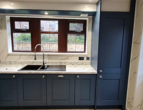 Kitchen with blue doors & cabinets